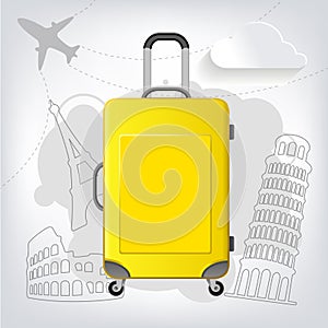 Travel bag with different travel elements vector, Colosseum, Pisa, Eiffel Tower