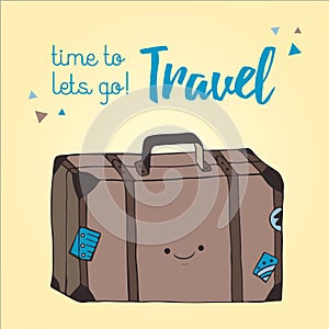 Travel bag illustration hand drawn style. Retro suitcase illustration. Picture of travelling bag with stickers. Graphic suitcase d