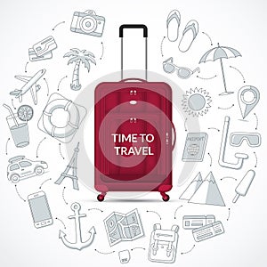 Travel bag with the set of tourism, journey, summer vacation doodle icons. Time to travel concept illustration