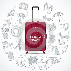 Travel bag with the set of tourism, journey, summer vacation doodle icons. Time to travel concept illustration photo