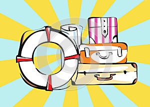 Travel baggage on rays background in retro cartoon style