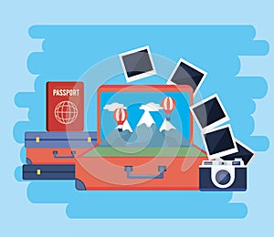 Travel baggages with passport and camera with pictures photo