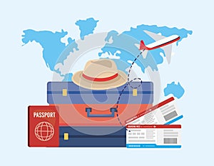 Travel baggages with passport and tickets with airplane photo