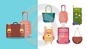 Travel bags. stylish cases and women handbags from leather suitcases and backpacks. vector fashion collection set