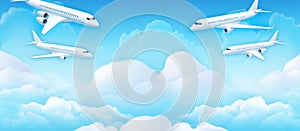 Travel banner with an airplane on background of clouds. Concept of flights and travel. generative ai