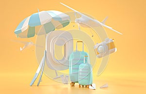 Travel banner. Airplane window with blue suitcases, surfboards, beach umbrella, camera, tickets and private jet with