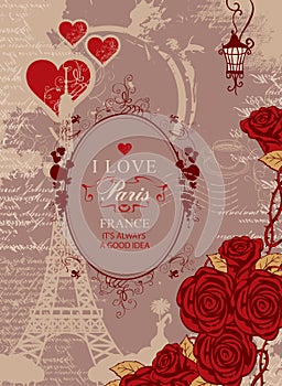 Travel banner with Eiffel Tower, hearts and roses