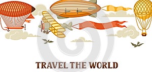 Travel banner with retro air transport. Vintage aerostat airship, blimp and plain in cloudy sky