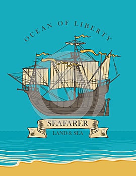 Travel banner with sailing ship and inscription