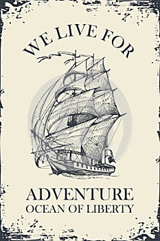 Travel banner with sailing ship and inscription