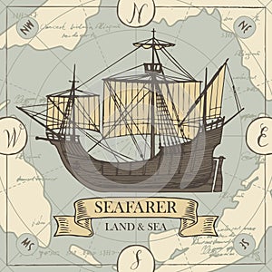 Travel banner with sailing ship and old map
