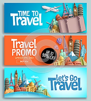Viaggio formato pubblicitario destinato principalmente all'uso sui siti web impostato vettore modello progetto viaggio un giro turistico 