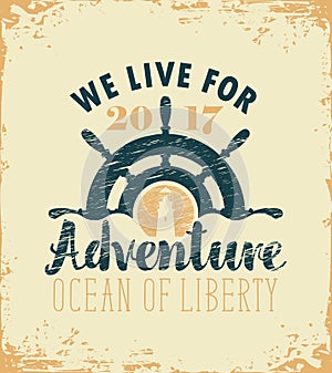 Travel banner with ships helm and lighthouse