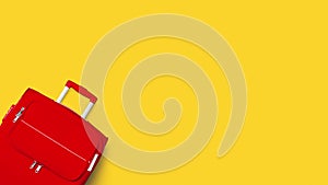 Travel banner, summer holidays, vacation concept, tourism, red suitcase, baggage, luggage, trolley bag closeup top view yellow