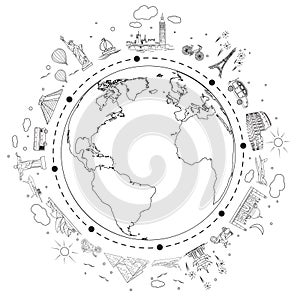 Travel black and white sketch. Earth with attractions and trip transport. Vector illustration.