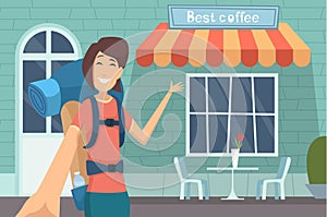 Travel blogger. Girl making digital content caffe review online displaying modern buildings teaching vector