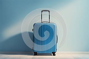 A travel blue closed suitcase on wheels stands near a light wall. Trips