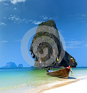 Travel boat on Thailand island beach. Tropical coast Asia landscape background photo