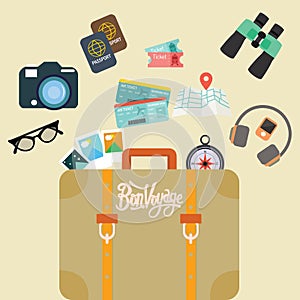 Travel bon voyage baggage leather suitcase object carry like camera passport map and ticket photo