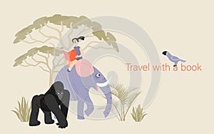 Travel with a book concept. Symbolic illustration on the topic of the benefits of reading with a little girl sitting on an