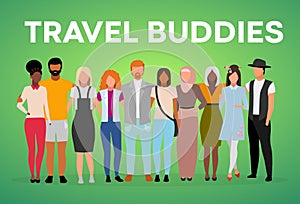 Travel buddies poster vector template. International friendship. Brochure, cover, booklet page concept design with flat