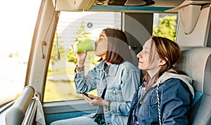 Travel by bus in Europe, public transport, trip and vacation and friendship concept