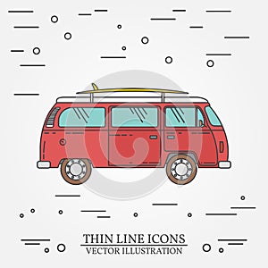 Travel bus family camper with surf board thin line. Traveler truck tourist bus outline icon. RV travel bus grey and white