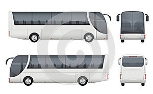 Travel bus realistic. Tourism autobus mockup cargo car front side view vector pictures set isolated photo