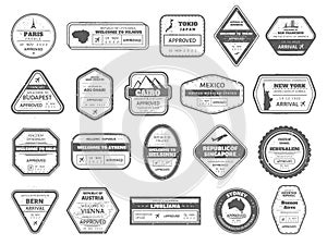Travel cachet stamp. Vintage traveling passport stamps, visa international arrived mark. Japan, Singapore and Australia