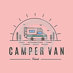 travel by camper van and sunburst line art logo vector symbol illustration design
