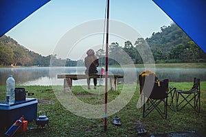 Travel camping by lake. Campers are on their camp at Namtok Sam Lan National Park waterfall  Saraburi, in Thailand