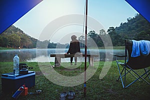 Travel camping by lake. Campers are on their camp at Namtok Sam Lan National Park waterfall  Saraburi, in Thailand