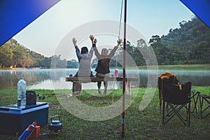 Travel camping by lake. Campers are on their camp at Namtok Sam Lan National Park waterfall  Saraburi, in Thailand