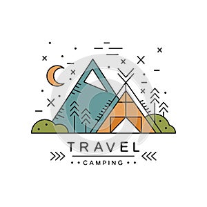 Travel camping logo design, adventure, alpinism, mountaineering and outdoor activity vector Illustration