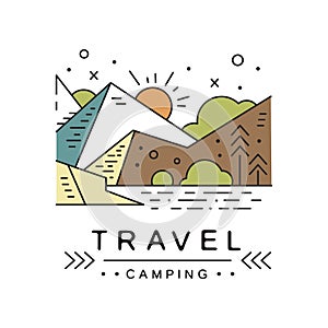 Travel camping logo design, adventure, travel, tourism, mountaineering and outdoor activity label vector Illustration