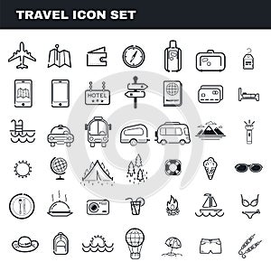 Travel and camping theme flat outline vector icon set