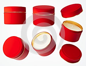 Travel candle in red and gold metal jar with lid 3D render mock-up, different views of candle box isolated on white