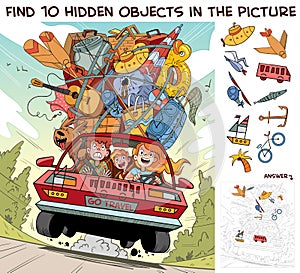 Travel by car on family vacation. Find 10 hidden objects in the picture