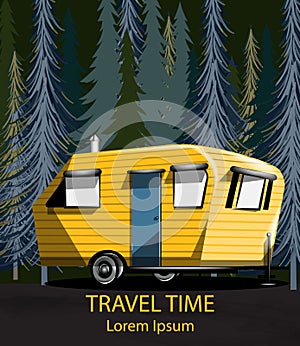 Travel car in the forrest Vector. Camping trailer into the woods at night dark