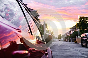 Travel car sea beach street automotive roadtrip sunset background for transport, travel of nature to vehicle auto silhouette