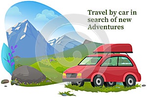 Travel by car in search of new adventures banner, poster template, web page. Car tourism. Road trip