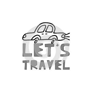 Travel card concept with car and text `let`s travel` Doodle style.