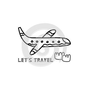 Travel card concept with plane and text `let`s travel` Doodle style