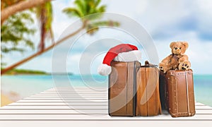Travel cases on seacoast background. Travel