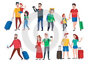 Travel characters. Travelling group, family couple holiday vacation and sightseeing travels tourists cartoon vector set