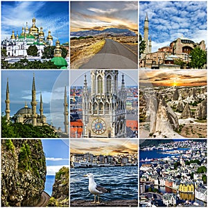 Travel collage. European architectural landmarks.