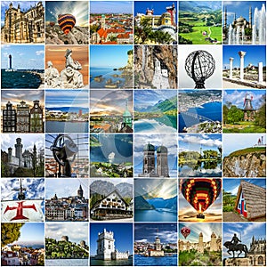 Travel collage. European landmark and landscapes