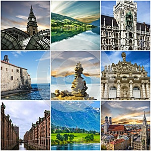 Travel collage. European landmarks. Germany, Norway, Montenegro