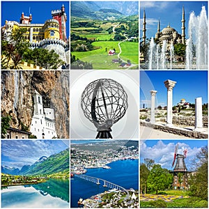 Travel collage. European landmarks and landscapes