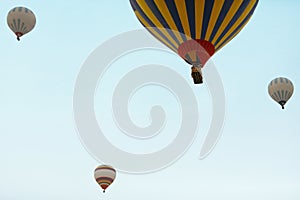 Travel. Colorful Hot Air Balloons Flying In Clean Blue Sky